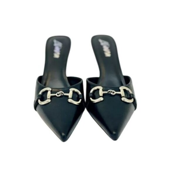 LILIANA / Silla-9/ Black / Pointed Toe / Stiletto Mule / Heels / With Silver Buc - Picture 4 of 8